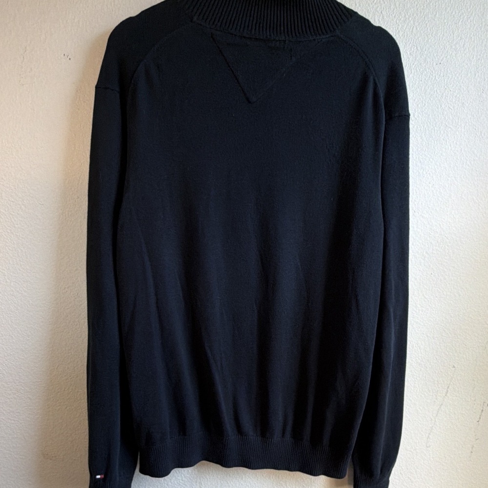 Tommy Hilfiger Men's 1/4 Zip Mock Neck Striped Knit Sweater Navy Gray L